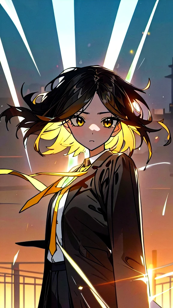 1girl, intricate detail, masterpiece, best quality, extremly detailed,cinematic lighting, beautiful detailed glow, finely detailed beautiful face and eyes, 8k, dark intense shadows, yellow eyes, medium hair, black hair, bangs, floating hair, black jacket, open jacket, white shirt, expressionless, yellow necktie, black skirt, spotlight, sunshine, sunrise, gradient sky, city, lens flare, cowboy shot, [[curvy]], [mature female]