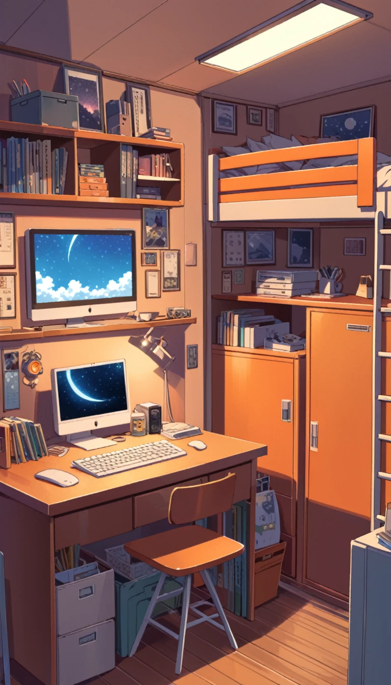 lofi art, style of Laurie Greasley, style of Makoto Shinkai, anime aesthetic, BREAK {illustration of inside room. Rooms with orange as the base color, The interior should be cozy and detailed, featuring bunk beds. small window showing a night sky view, desk, computer, and personal items. Include shelves, storage spaces,  The atmosphere should be warm and intimate}