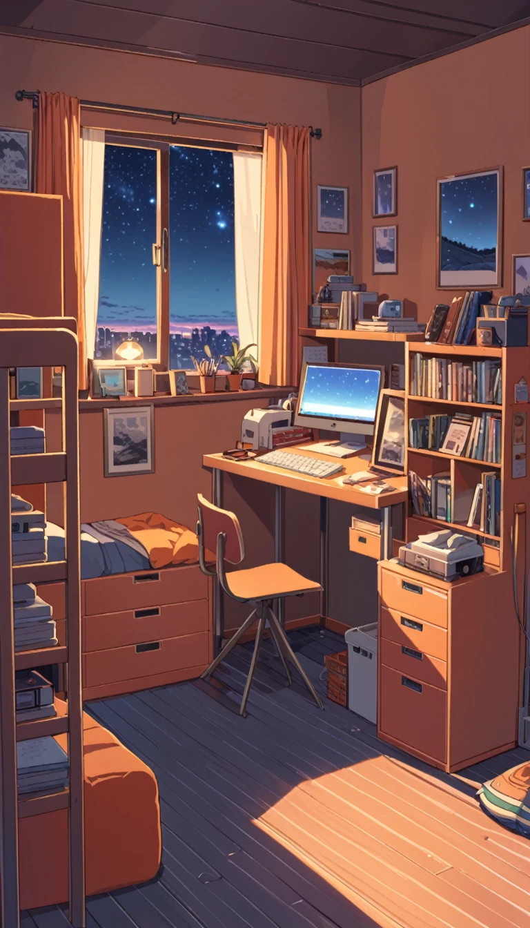 lofi art, style of Laurie Greasley, style of Makoto Shinkai, anime aesthetic, BREAK {illustration of inside room. Rooms with orange as the base color, The interior should be cozy and detailed, featuring bunk beds. small window showing a night sky view, desk, computer, and personal items. Include shelves, storage spaces, The atmosphere should be warm and intimate}