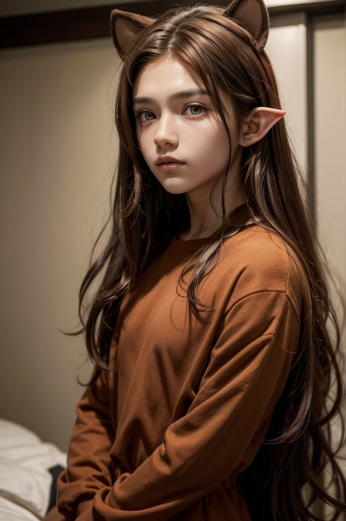 A 16 year old man, with yellowish brown skin, eyes browns, equally brown hair but with red highlights, long to medium hair style, elf ears is black and red clothes