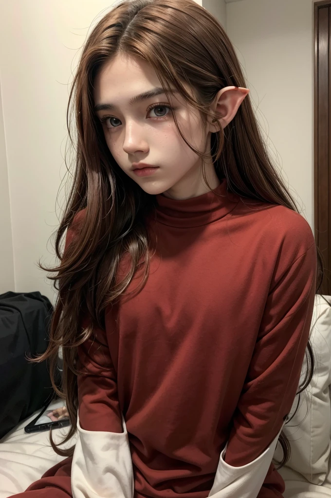 A 16 year old man, with yellowish brown skin, eyes browns, equally brown hair but with red highlights, long to medium hair style, elf ears is black and red clothes
