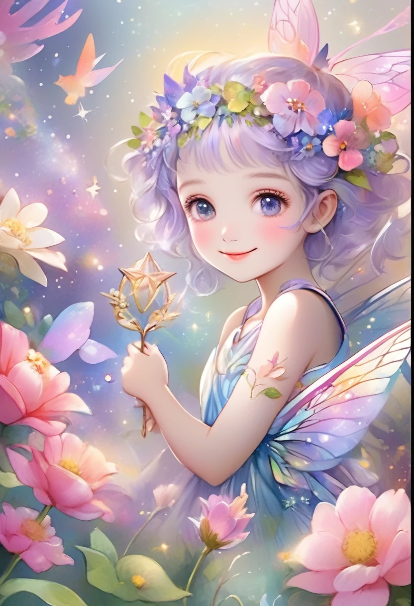 there is a girl with a flower crown holding a star, portrait of a fairy, portrait of fairy, beautiful fairy, space flower fairy, cute detailed digital art, smiling as a queen of fairies, beautiful fairies, beautiful fairie, cute digital art, fantasy art style, detailed fanart, beautiful fantasy anime, a beautiful artwork illustration, astral fairy, anime fantasy illustration