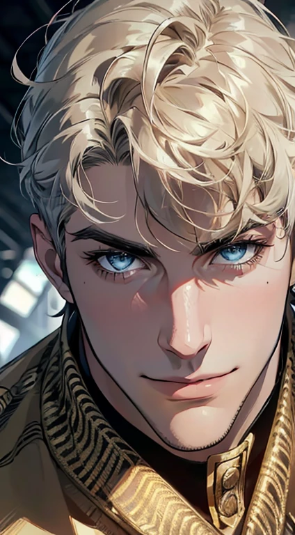 (best quality,4k,8k,highres,masterpiece:1.2),ultra-detailed,(realistic,photorealistic,photo-realistic:1.37),1 man,31 years old,mature man,very handsome,without expression,smile,short grey golden hair,blue eyes,penetrating gaze,perfect face without errors,imposing posture,businessman,office background,cinematic lighting,hdr image
