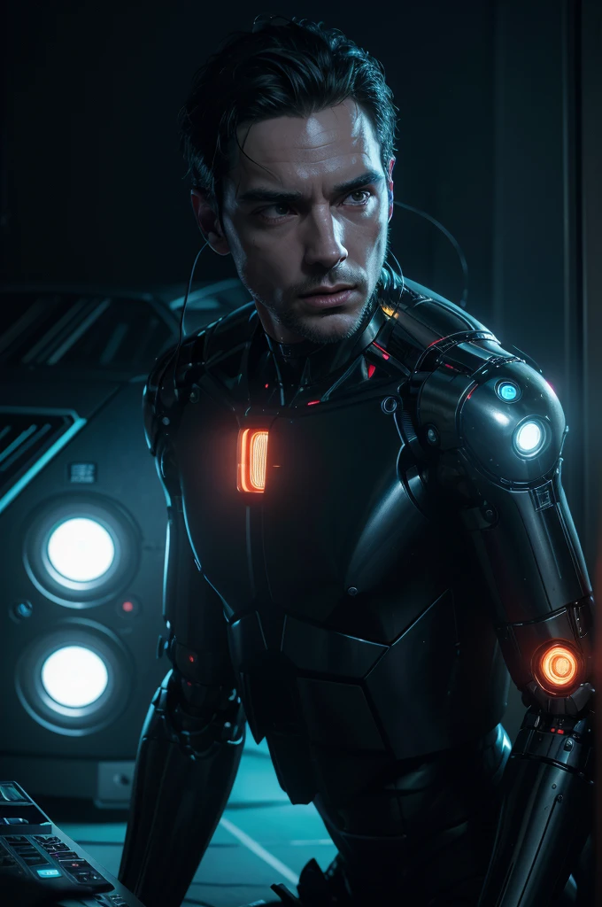 naughty man, robotic mechanical body, Bright neon lights, advanced technology, cinematic lighting, dark atmospher, photo realist, 8K, highy detailed, conceptual artwork, digitalpainting.