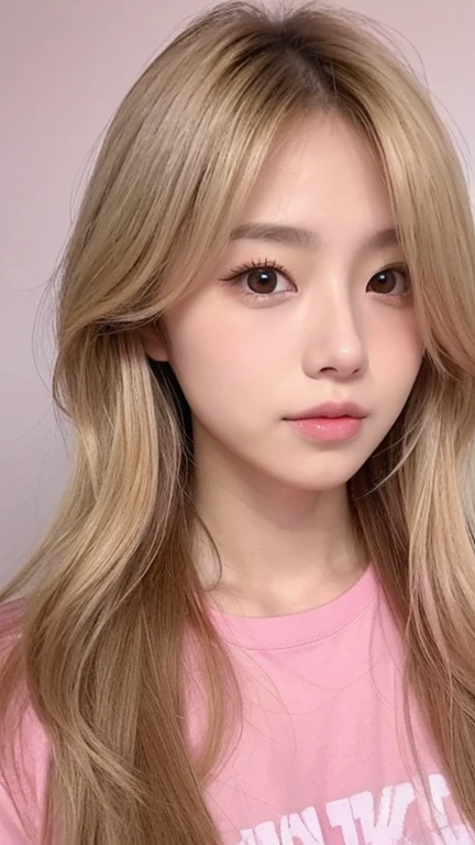Highest quality、Japanese women、The most beautiful woman in the world、sexy、Blonde long hair hairstyle、Small face、Beautiful skin、night、Large breasts、Realistic、sexyなポーズ、sexyな表情、Pink T-shirt
