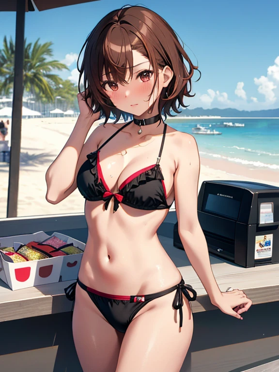 Soft cream, cute, Pitiful, Girl, short hair, Beach House, Swimwear, counter, Fast food clerk, Fast Food Worker, Misaka Mikoto, 1girl, black choker, uhd, retina, masterpiece, ccurate, anatomically correct, textured skin, super detail, high details, high quality, best quality, highres, 4K