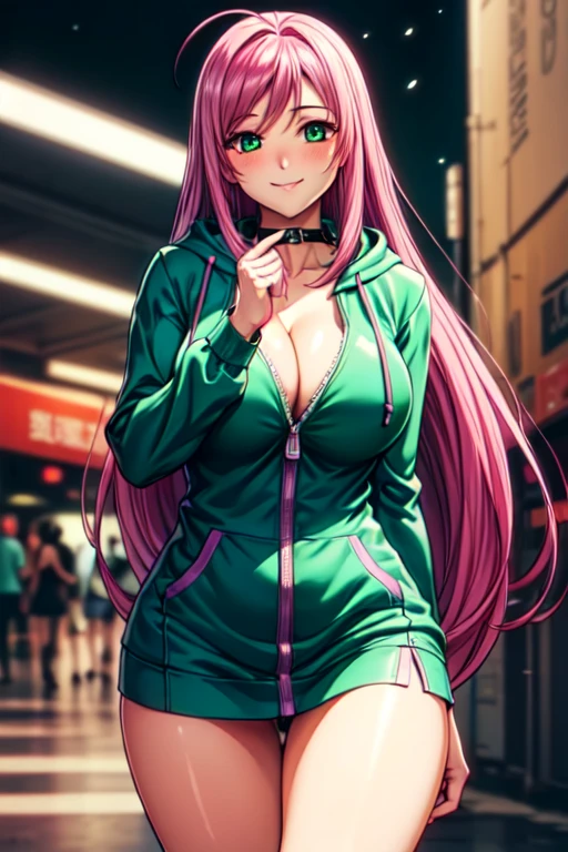 1 girl, 19 years old, Long pink hair, green eyes with slit pupils, master-piece, best quality, (standing up), (green hoodie), (long-sleeved, tight hoodie zipper dress, cleavage),  (Big , ultra gigantic , Super super big, Glamorous body), Make eye contact with the camera, front figure, looking forward, (light_Smile:1.5), (Detailed hands and fingers:1.2) (Cyberpunk City), (FULL BODYSHOT), thighs thighs thighs thighs、beauty legs、Bare legs