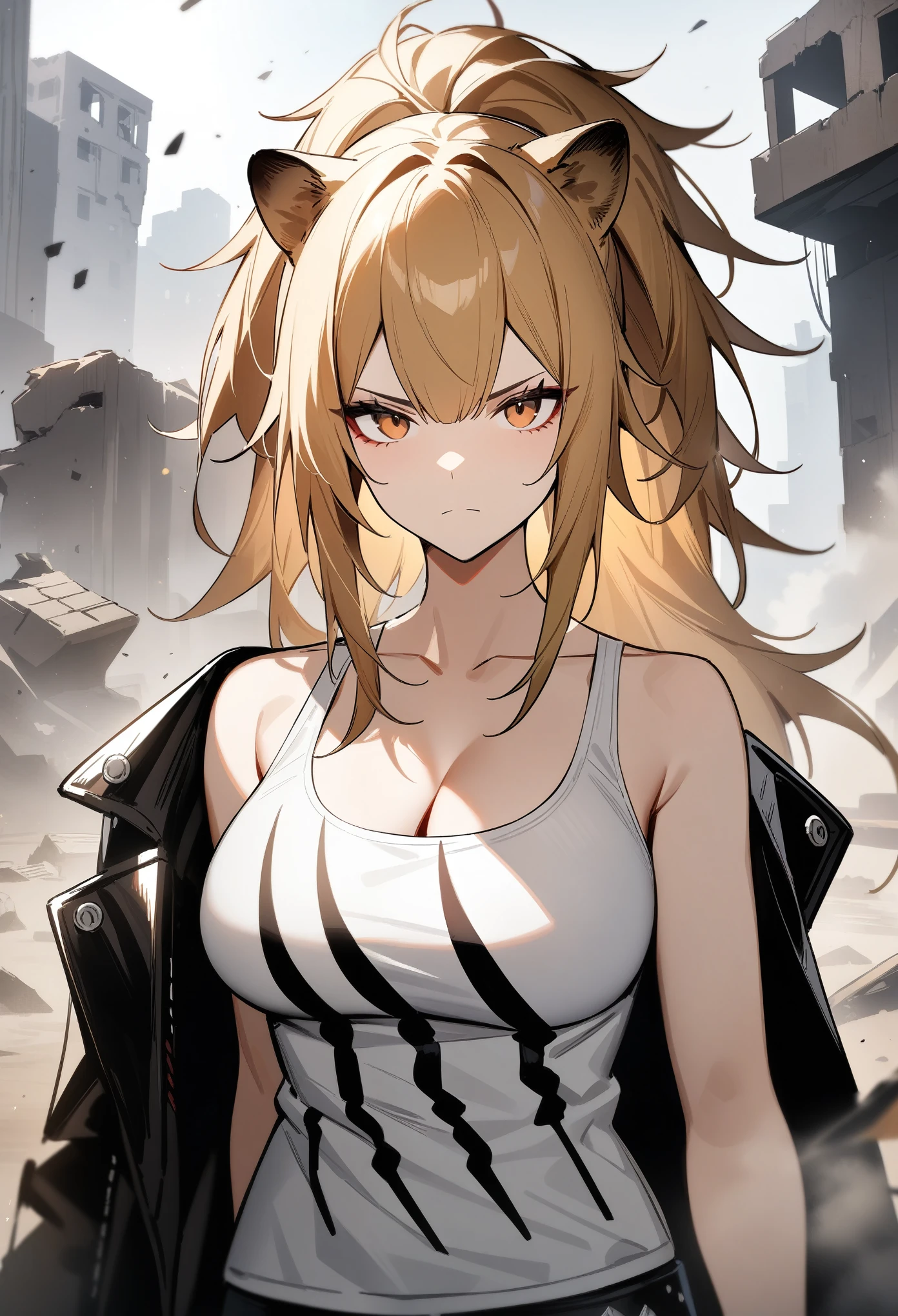 masterpiece, best quality, very aesthetic, absurdres, 1girl, sensitive, siege\(arknights), arknights, looking at viewer, upper body, ponytail, bangs, lion ears, eyebrows, large breasts, cleavage, white tank top, serious, ruins, dust