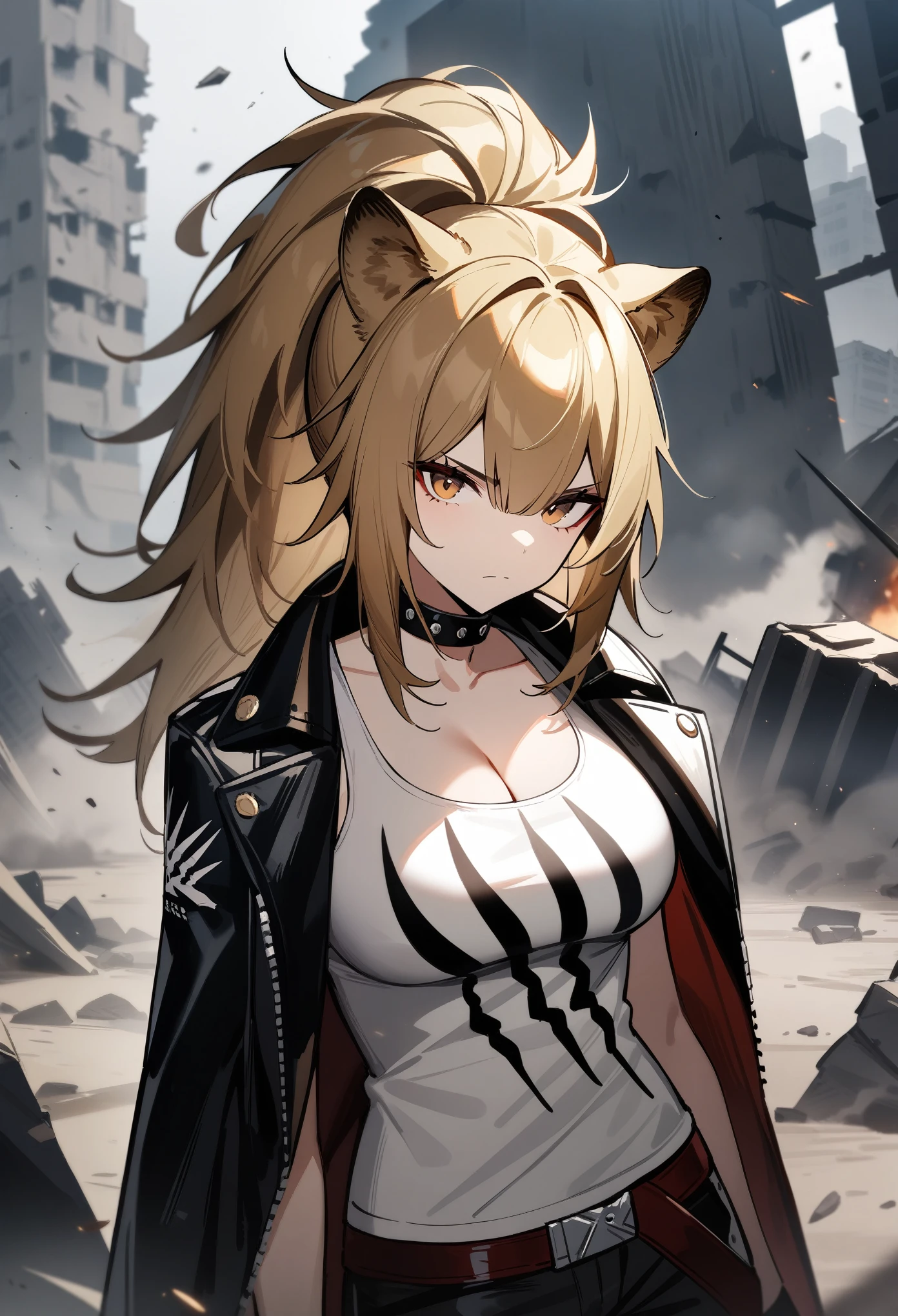 masterpiece, best quality, very aesthetic, absurdres, 1girl, sensitive, siege\(arknights), arknights, looking at viewer, upper body, ponytail, bangs, lion ears, eyebrows, large breasts, cleavage, white tank top, serious, ruins, dust