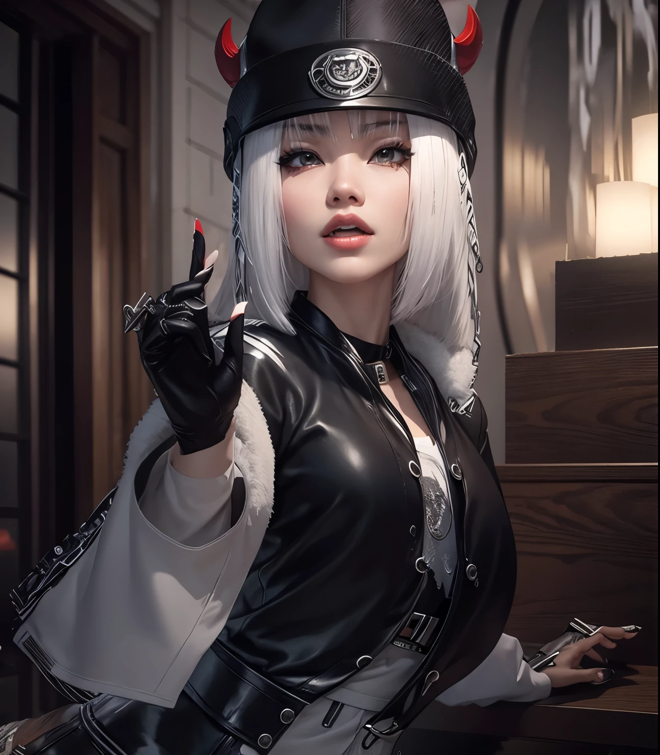 aVATAR SECOND LIFE Korean girl wearing black and white leather jacket, red cap, Asian, cabelo comprido branco White hair, White hair,, Perfect and detailed face, imvu, maximalist details, AVATAR SECOND LIFE Korean blusa , neon,