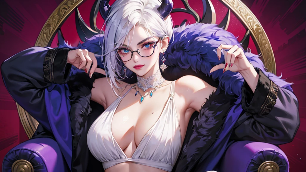 8k, masterpiece, best quality, highly detailed, 1 girl, tiefling, warlock, multicolored hair, very short straight hair green highlight hair on white hair, strippled hair, wearing glasses, round glasses, earrings, red eyeshadow, long eyelashes, navel piercing, blushed cheek, red lips, necklace, rings, collarbone, mole, glamorous, purple and teal clothing, villainy, smirk, seductive face, close up view, rings, looking at viewer, demon horns, solo, royal dress, black lace gloves, fur coat, palace, blue pale moon, sitting on throne, tattoo.