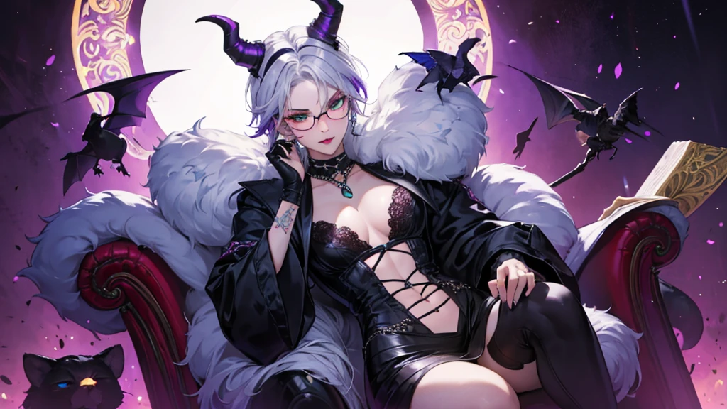 8k, masterpiece, best quality, highly detailed, 1 girl, tiefling, warlock, multicolored hair, very short straight hair green highlight hair on white hair, strippled hair, wearing glasses, round glasses, earrings, red eyeshadow, long eyelashes, navel piercing, blushed cheek, red lips, necklace, rings, collarbone, mole, glamorous, purple and teal clothing, villainy, smirk, seductive face, close up view, rings, looking at viewer, demon horns, solo, royal dress, black lace gloves, fur coat, palace, blue pale moon, sitting on throne, tattoo.