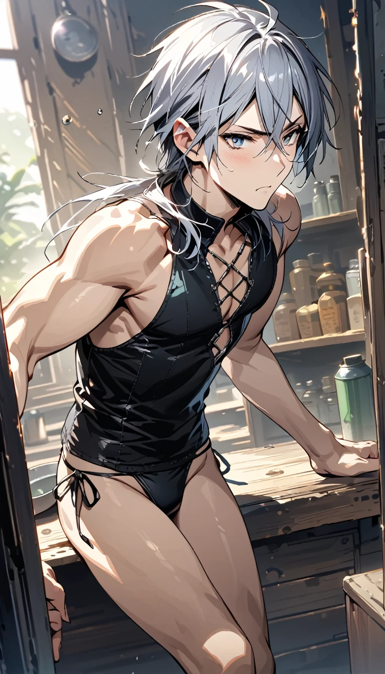 absurdres, highres, ultra detailed, super fine illustration, best quality, 1boy, perfect anatomy, male focus, solo, (dark-skinned:0.8) male, silver hair, long hair, black bikini, bare shoulders, bare arms, bare legs, &lt;lora:_L2090:-0.6&gt; &lt;lora:flat:-0.2&gt;