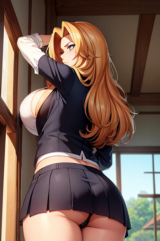 (((Stretch your legs and show your butt、Big Breasts、Exposing the breasts)))、((Shiny underwear)))、Uniform Blazer、Beautiful beauty、Long golden hair、((whole body))、(((Photo taken from below)))、School、classroom、Large Breasts、Big Breastini skirt、Panties are black lace、Japanese、tall、Long limbs、18-year-old、Matsumoto Rangiku、A beautiful nose like a model