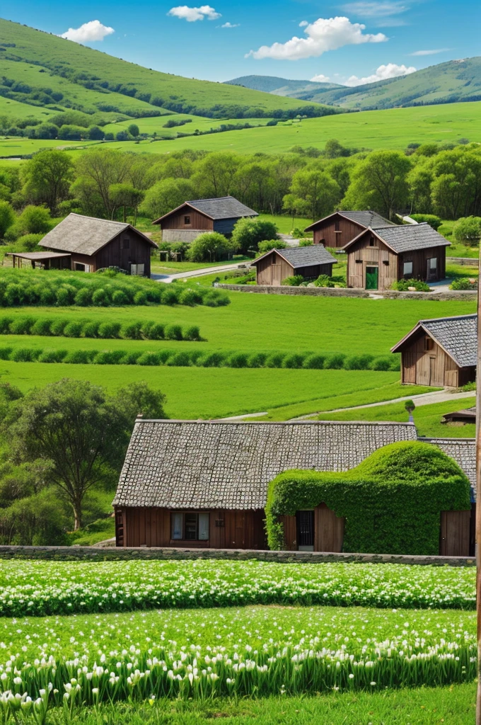 A village, Fresh and green, symbolizing spring's arrival, with clovers and a nature-inspired palette.