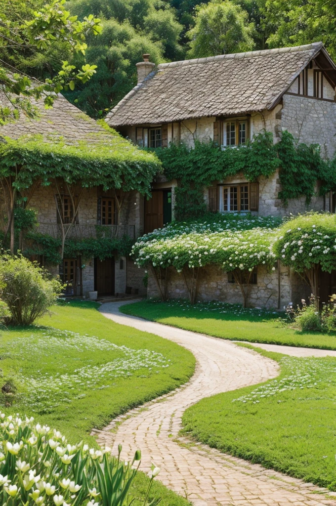 A village, Fresh and green, symbolizing spring's arrival, with clovers and a nature-inspired palette.