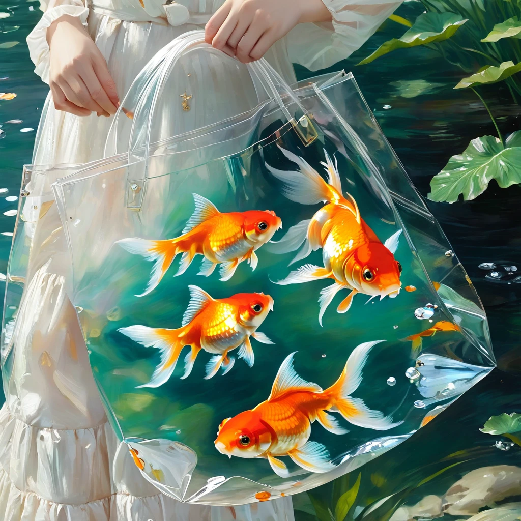 (masterpiece, best quality:1.2),An oil painting。Holding a transparent bag。Hand close-up。Goldfish in a bag。