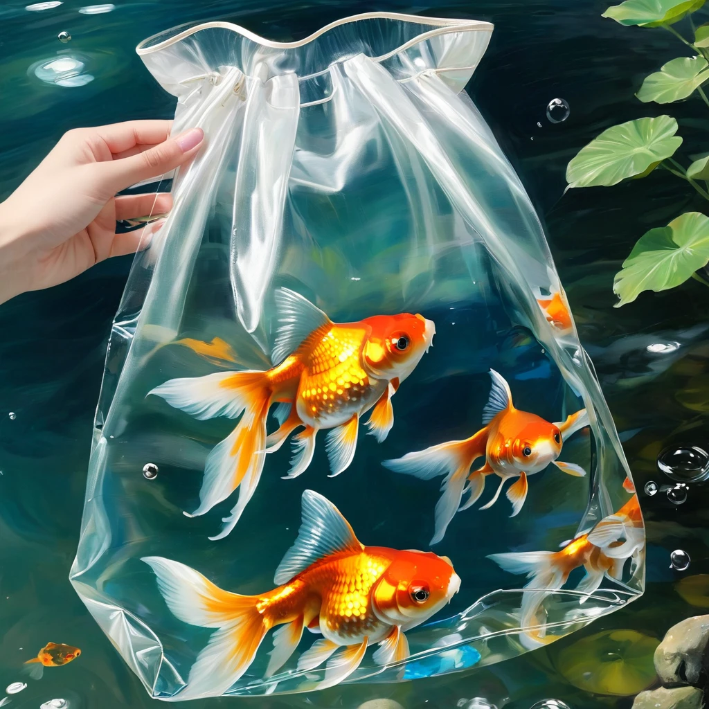 (masterpiece, best quality:1.2),An oil painting。Holding a transparent bag。Hand close-up。Goldfish in a bag。