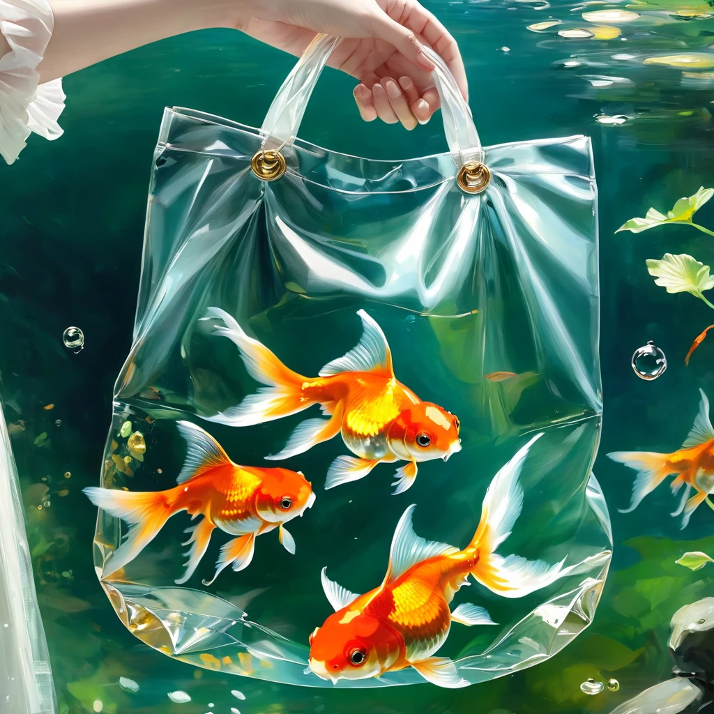 (masterpiece, best quality:1.2),An oil painting。Holding a transparent bag。Hand close-up。Goldfish in a bag。