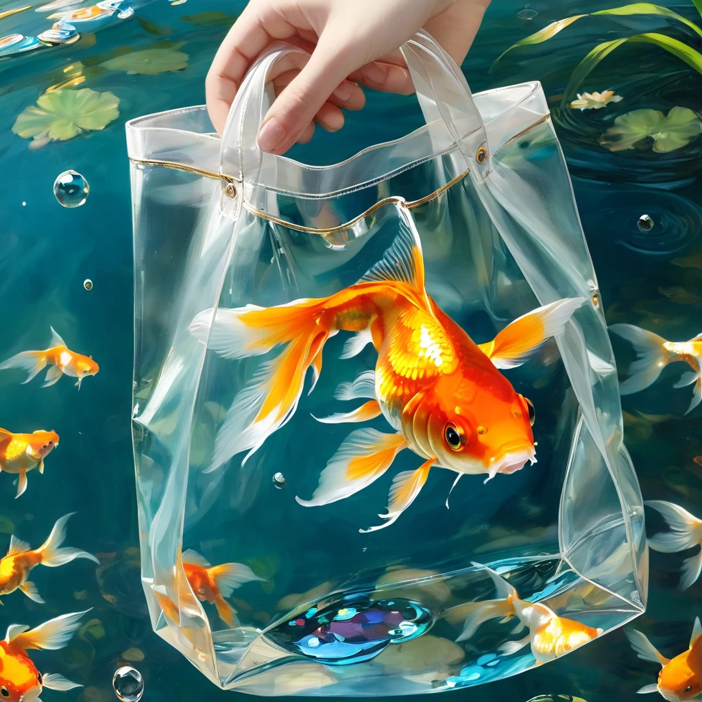 (masterpiece, best quality:1.2),An oil painting。Holding a transparent bag。Hand close-up。Goldfish in a bag。
