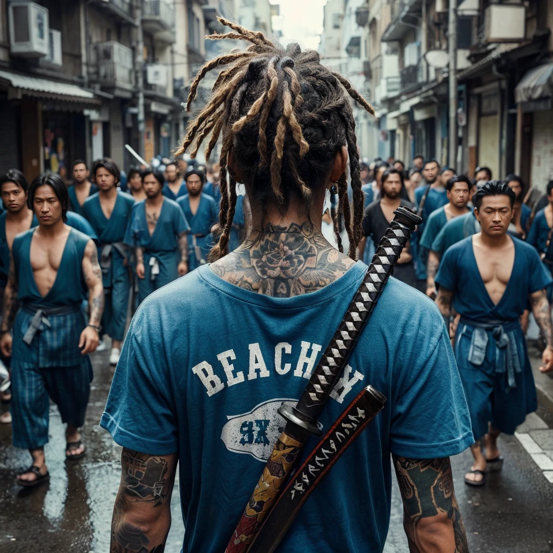 close up picture, Yakuza with tied dreadlocks, tattoo on the left side of his neck, wearing a blue beach t-shirt, holding a katana, leading dozens of his men to prepare for battle, they walk through a narrow street on the edge of the city, you can see lots of yakuza men walking through the street , the background is narrow. street on the edge of town, cinematic, realistic, very detailed