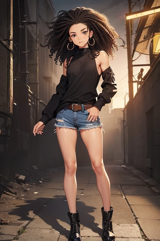 (Full Body Portrait:1.5),a 16-year-old boy with an average height of 1.80 cm, facial features of mixed origin, such as an aquiline nose and full lips, inherited from his African ancestry, and more refined features from the white side of his heritage. Her hair is an explosion of frizzy Afro-style curls, reaching almost to her shoulders, and is a deep black color, highlighted by the brown tones of her eyes. To make the look more youthful and lively, give it a caricature look, with exaggerated and expressive features, such as bouncy eyebrows and large shiny eyes. He adds a tight shirt and ripped jeans, showing off his emerging muscles and making it clear that he is confident and proud of his unique appearance.