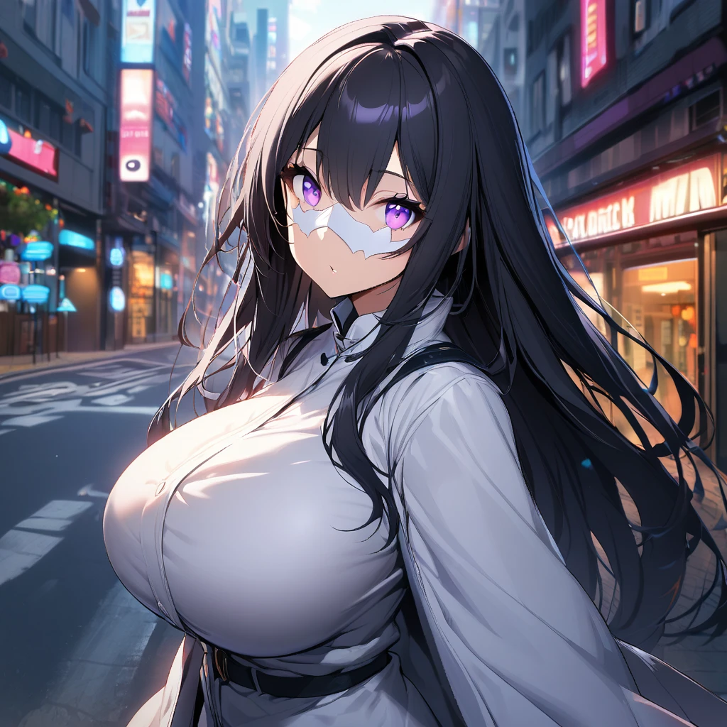 1girl,solo,long hair,black hair color,light purple eye color,white mask,White coat,huge breasts,slender,tall person,looking at viewer,near,street background