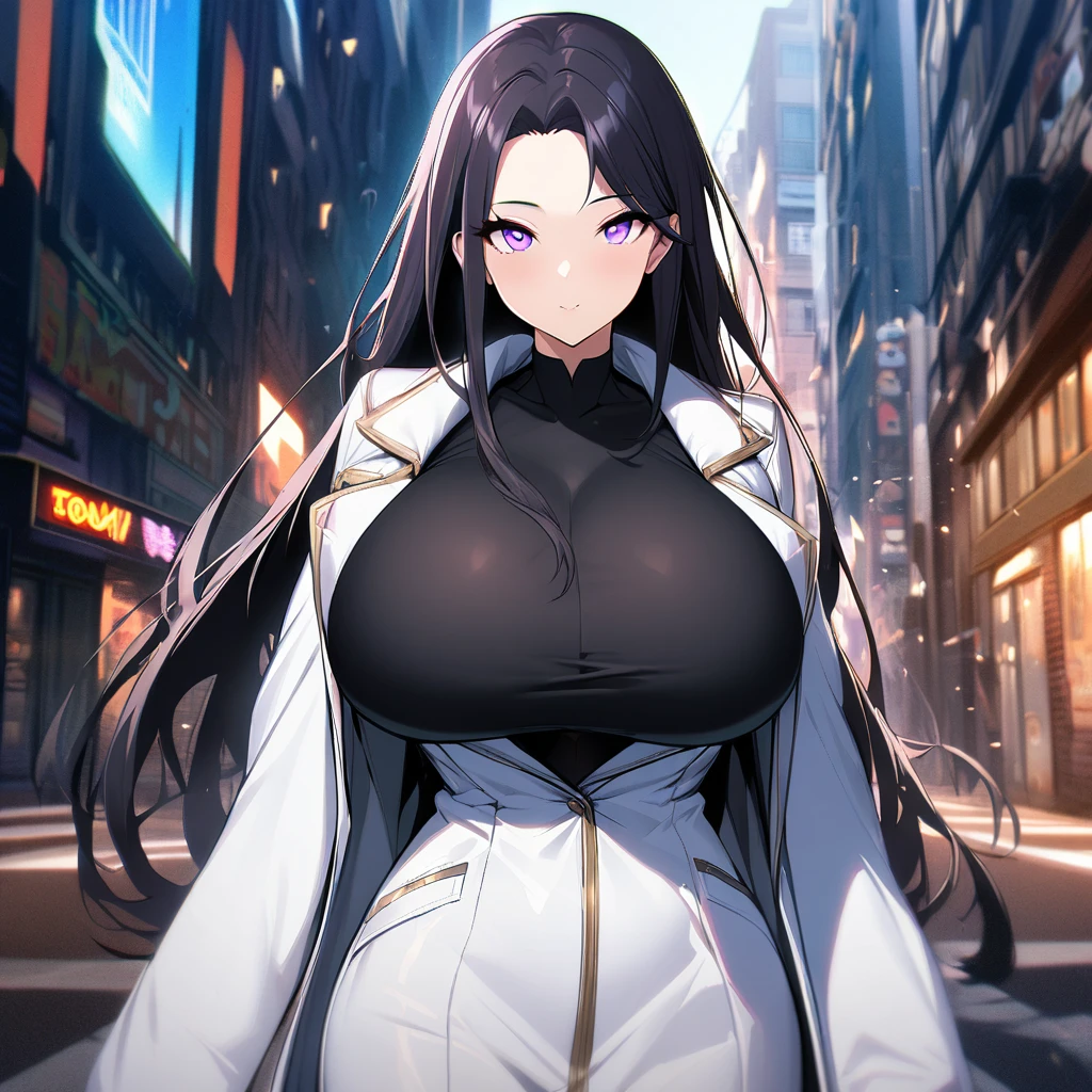 1girl,solo,long hair,black hair color,light purple eye color,white mask,White coat,huge breasts,slender,tall person,looking at viewer,near,street background