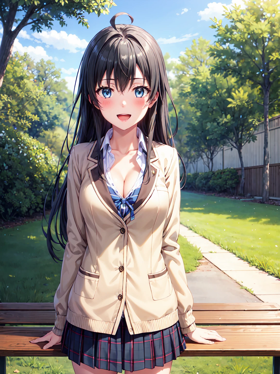 Masterpiece ,best quality , high resolution , (1 girl solo:1.38) , (yukino yukinoshita, black hair, blue eyes, long hair, ahoge) , (cleavage:1.2) , (medium breast:1.28) , (blazer, cardigan, jacket, plaid skirt, school uniform, skirt, high school uniform) , (face view , front view , look at view) , ( windows , outdoor , school , grass , bench , tree ) , (standing , thighs ) , (cowboy_shot) , ( smile , open mouth , full face blush , shy )