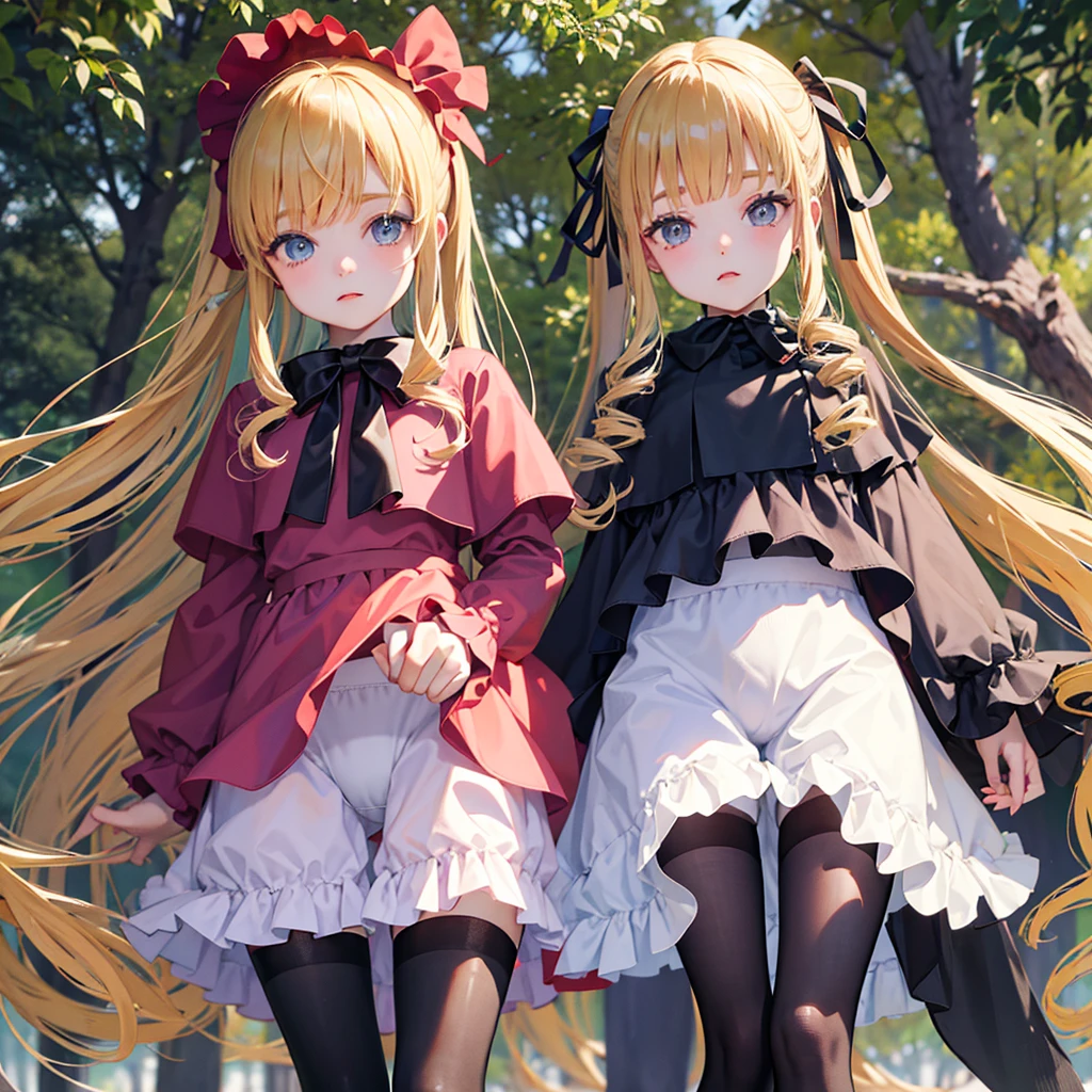 Underwear for two girls, Ages 5 to 10、Realistic panties made from patterned cotton fabric、Translucent slip、Skirt lining、Skirt flip、In the shadow of a dark tree、Put your hands on your crotch、tights、Peeking from below