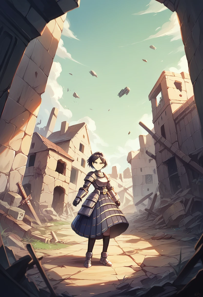 18-year-old,high school girl,armored dress,whole body,shiny navy hair, short hair, Parted bangs, Yellow Eyes,battlefield,ruins,Broken Town,war,Adversary