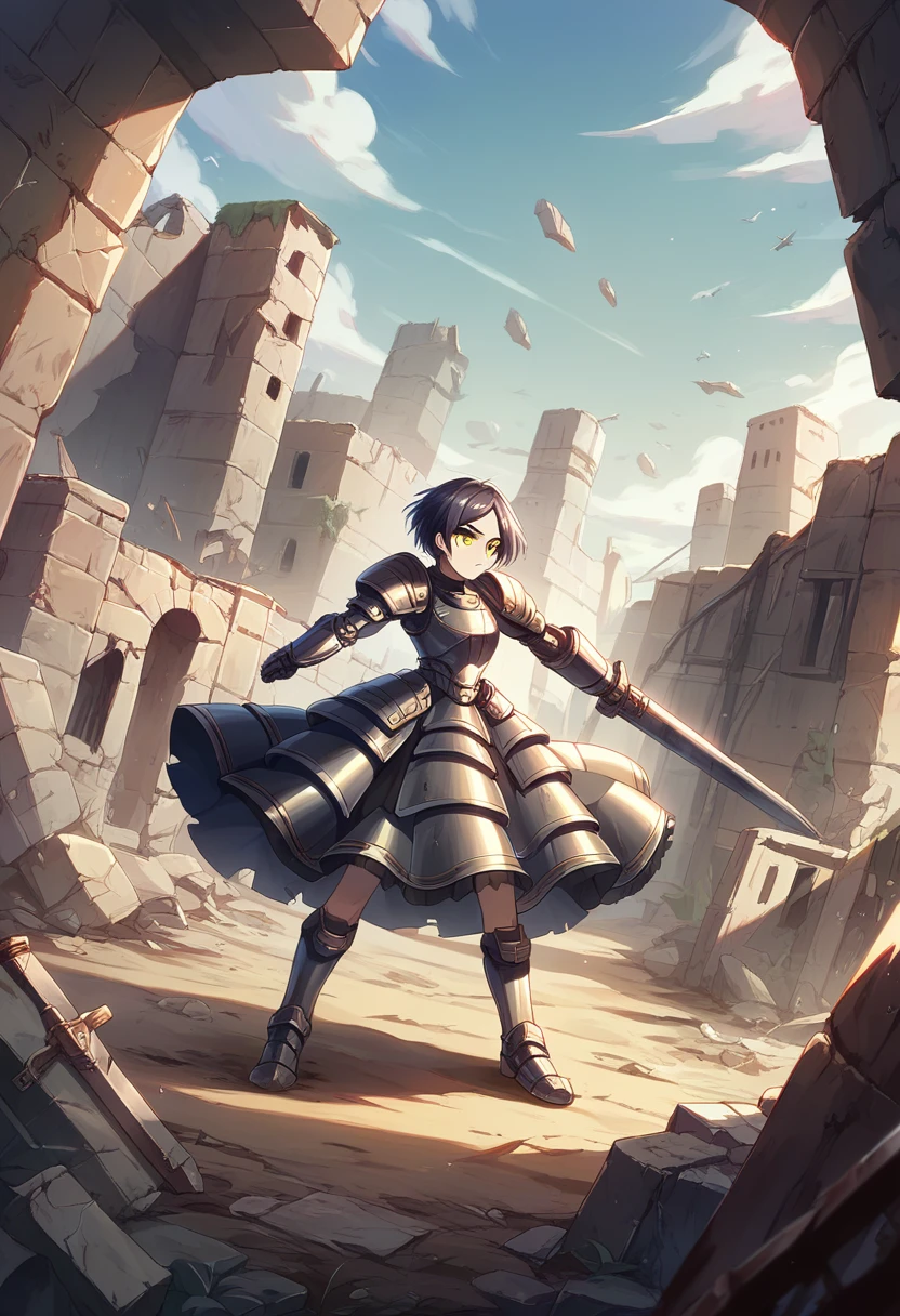 18-year-old,high school girl,armored dress,whole body,shiny navy hair, short hair, Parted bangs, Yellow Eyes,battlefield,ruins,Broken Town,war,Adversary