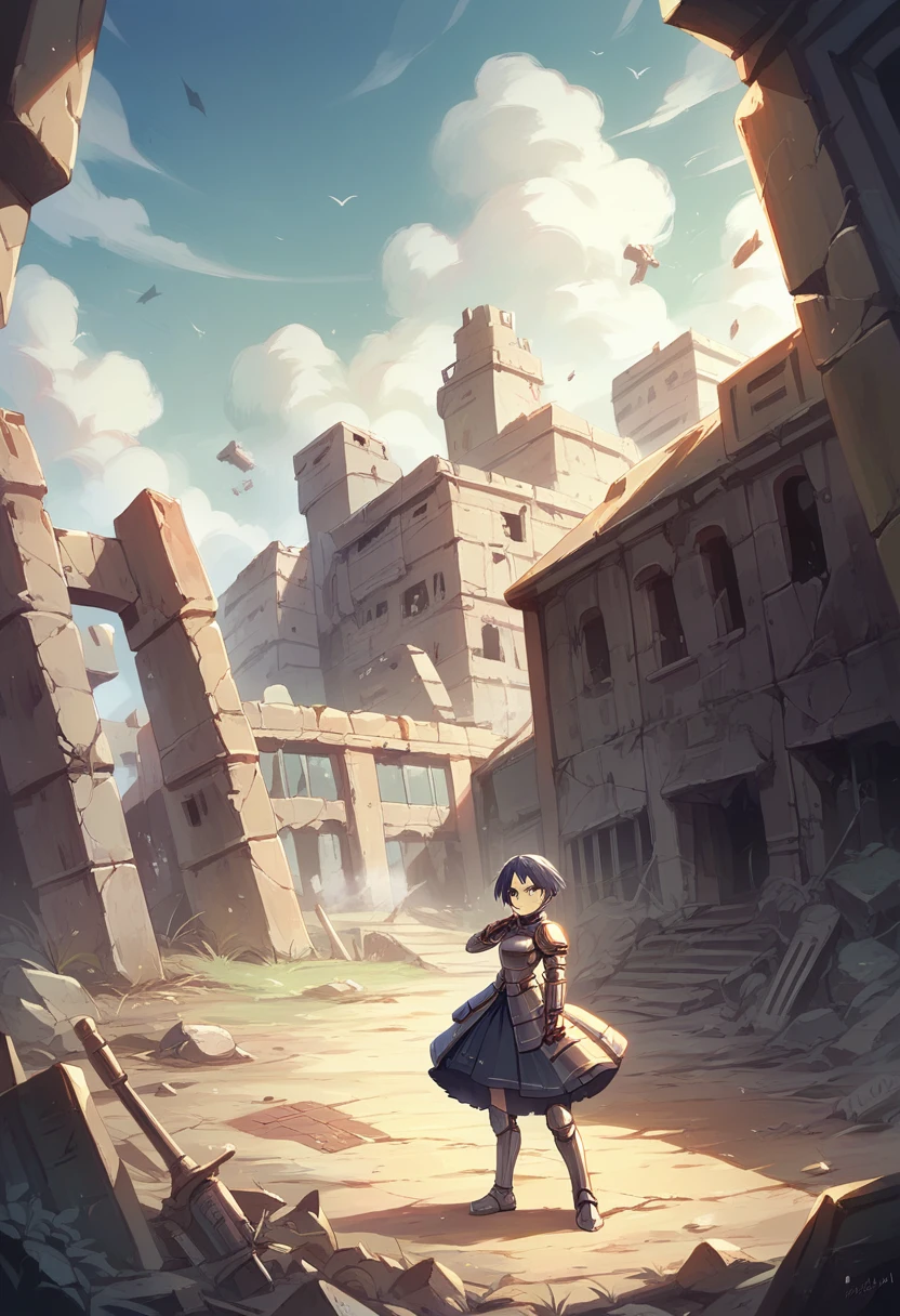 18-year-old,high school girl,armored dress,whole body,shiny navy hair, short hair, Parted bangs, Yellow Eyes,battlefield,ruins,Broken Town,war,Adversary