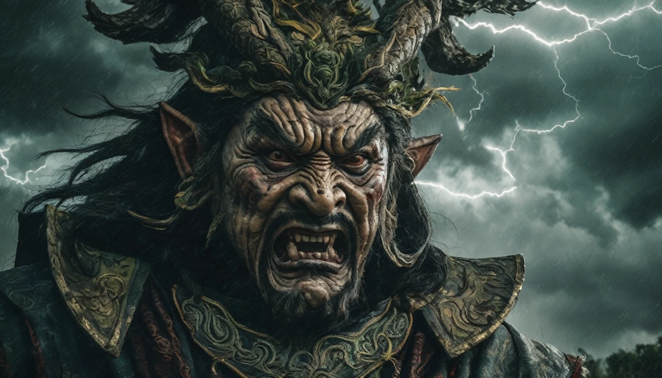 close up frontal face a grotesque and terrifying chinese mythology deity, The image should show a leafy tree in the background in the middle of a battle scene. stormy clouds with lightning and thunder in the background,detailed face and body,cinematic lighting,dark fantasy,chiaroscuro,moody colors,high contrast,dramatic shadows