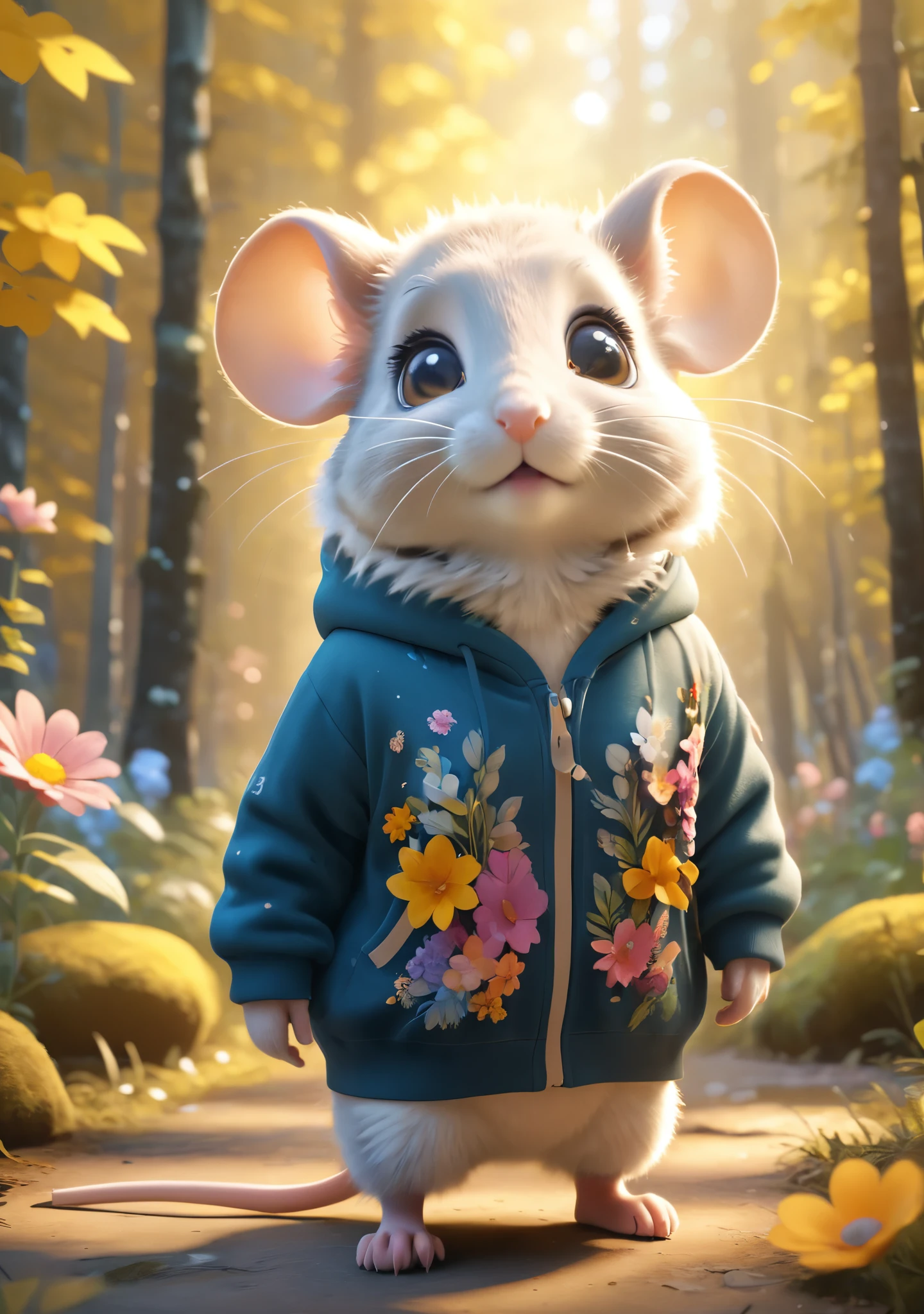 vestindo roupas urbanas、Cute furry little mouse, big eyes, A sweatshirt, In the sunny forest, Cute numbers, 3d rendering, Bright Lights, Vibrant colors, Flowers everywhere