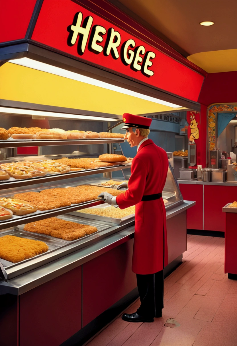 a Fast Food Worker, by Hergé, full body, cinematic still, cinemascope, best quality, masterpiece, very aesthetic, perfect composition, intricate details, ultra-detailed, vivid colors
