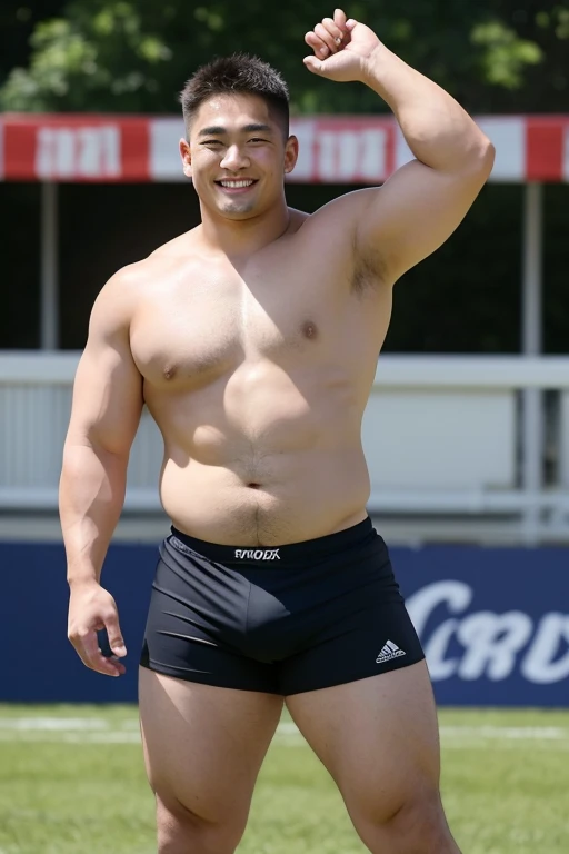 ((highest quality)), ((masterpiece)), (detailed), ((Perfect Face)), 4k, Shaved head, Young Japanese, Muscular, Fat body, Very big man, smile, ((showing off crotch)) A large Japanese man shirtless、whole body、Rugby player、Thick legs、Thick arm muscles、Intimidating、whole body、wearing a very tight black shorts、wearing a very short black shorts, (shirtless)、At the rugby field