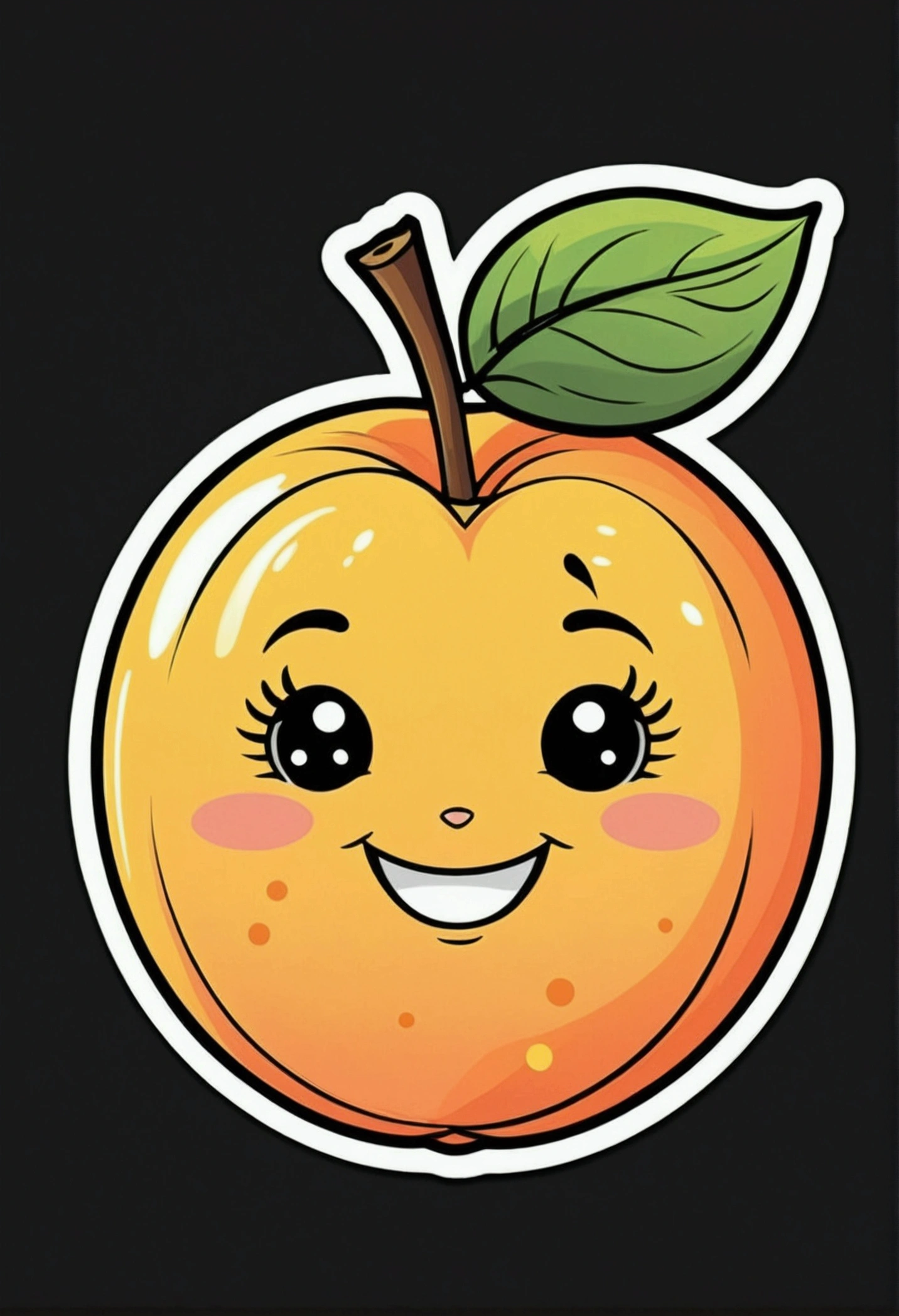 /Imagination prompts: Sticker yellow peach cute fruit illustration with black background, Use bold outline style,Cute image,Smile cute expression,The dotty eyes are cute