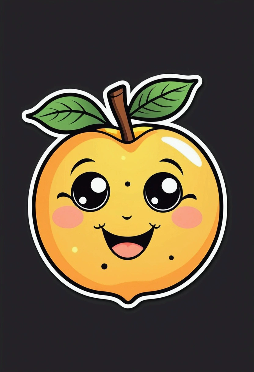 /Imagination prompts: Sticker yellow peach cute fruit illustration with black background, Use bold outline style,Cute image，Smile cute expression，The dotty eyes are cute