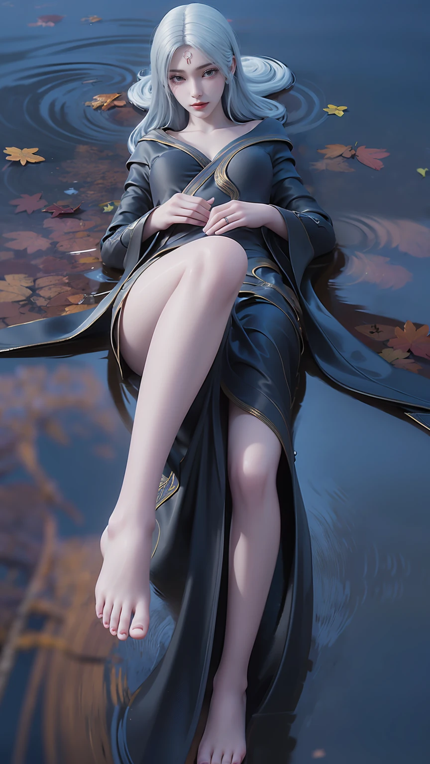 一个女孩躺在Starry Sky下的床上, Exquisite smile, Beautiful and delicate eyes, Beautiful and delicate lips, Extremely delicate face and eyes, Long eyelashes, Sexy body, Flowing hair, Best image quality, Famous works, Ultra-high resolution, (Practical :1.4), original photo, (Pretty Face :1.2), (Lying on the water :1.5), 1 girl, (Surreal), (8K), (4K), Physical Rendering, Starry Sky, ((full-body shot)), barefoot, Cross-legged, Wearing a dress, Black robe