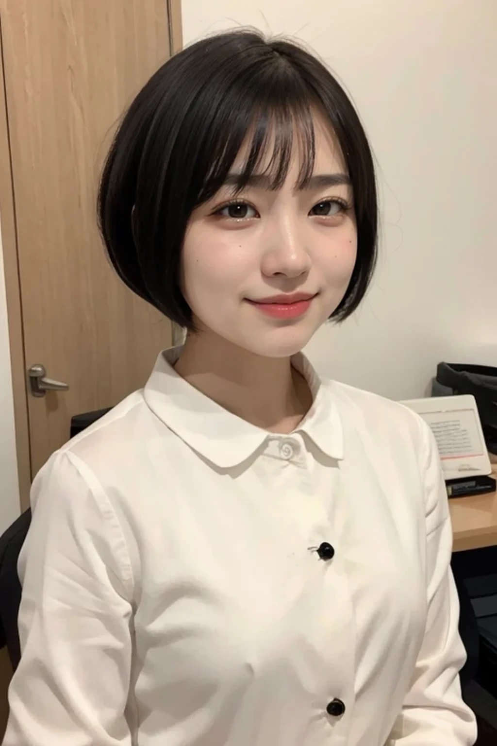 8k, RAW photo, best quality, masterpiece, realistic, photo-realistic, clear, professional lighting, beautiful face, no makeup, best quality, ultra high res, BREAK, Japanese cute girl, , (short cut hair:1.2), smile, BREAK, standing, BREAK, (office:1.3), (black eyes, black hair:1.2)