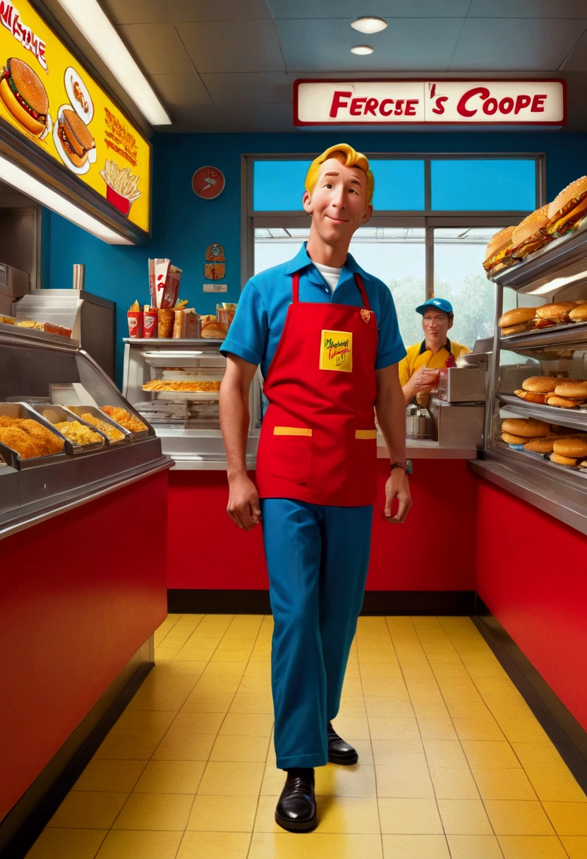 a Fast Food Worker, by Hergé, full body, cinematic still, cinemascope, best quality, masterpiece, very aesthetic, perfect composition, intricate details, ultra-detailed, vivid colors