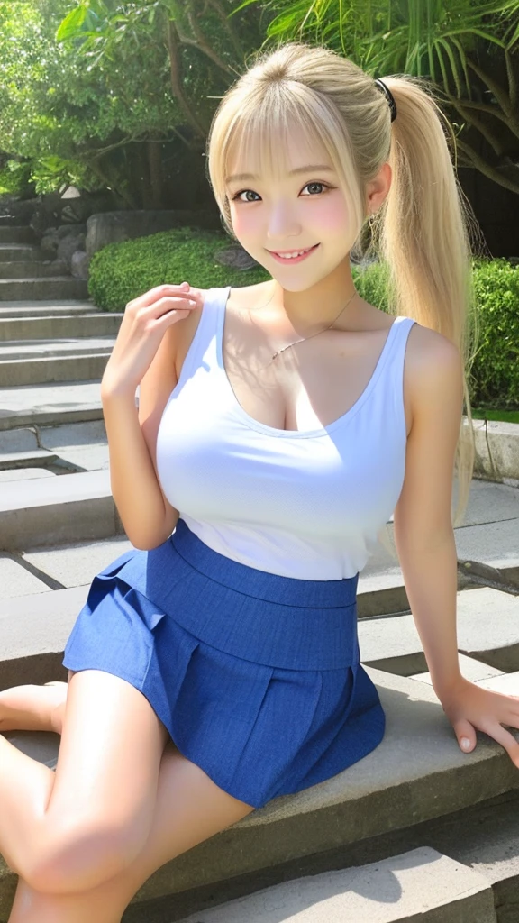 Best Pixels、Highest quality、Highest quality、One Woman、Young Japanese Woman、20th generation、High Ponytail、blonde、blonde、summer、mini skirt、Tight Skirt、Sexy pose、Beautiful round eyes、smile、beauty、Large Breasts、Brushing your hair、Beautiful feet