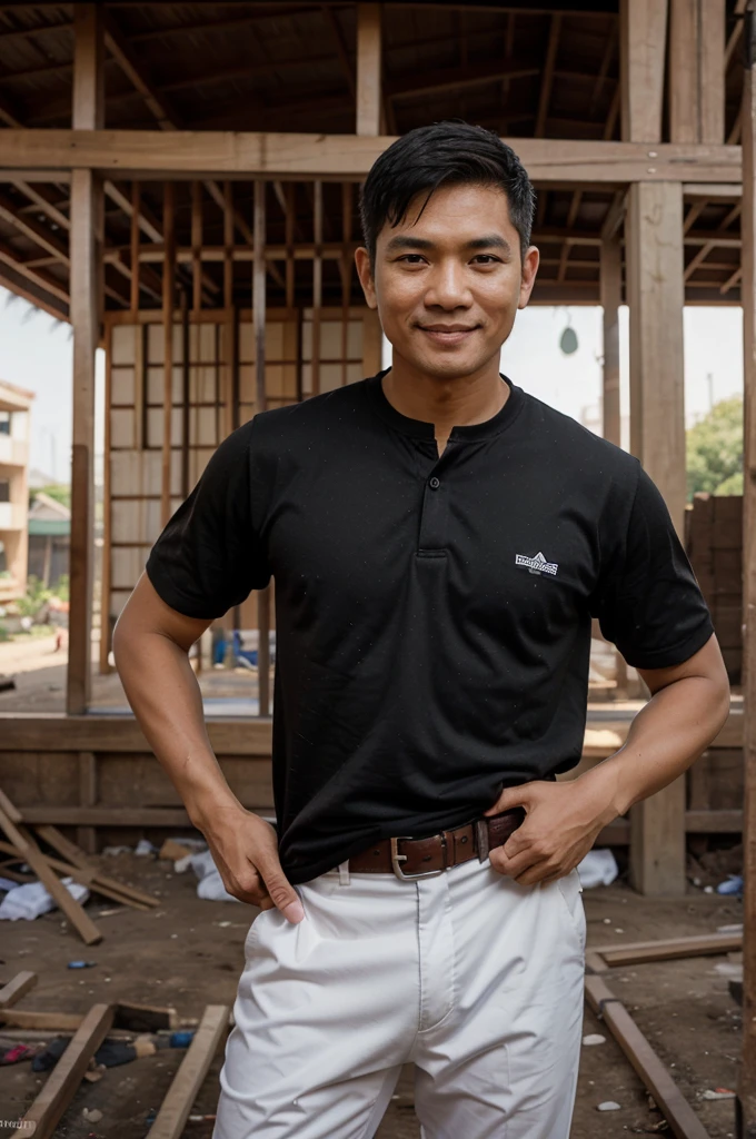 ภาพrealistic, Thai Men,Looks good, smile,The figure looks good., Skinny,Wear a black suit., Age 60, short hair,slightly white hair,Oval face,Go see the construction site, outdoor, In the back there are people working on construction., Build a 3-story house,clarity, Bokeh, realism, realistic, realism, professional photography, FuSD, dslr.