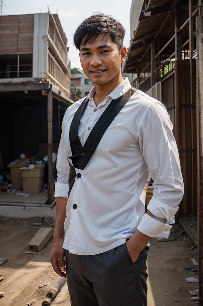 ภาพrealistic, Thai Men,Looks good, smile,The figure looks good., Skinny,Wear a black suit., Age 60, short hair,slightly white hair,Oval face,Go see the construction site, outdoor, In the back there are people working on construction., Build a 3-story house,clarity, Bokeh, realism, realistic, realism, professional photography, FuSD, dslr.