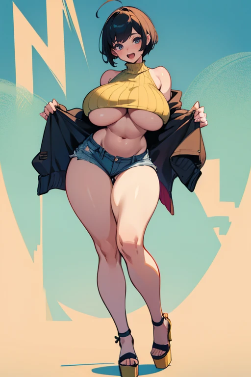 (( very wide hips)), (huge thighs, very big thighs), big breast, young girl, Pullover, very short shorts, booty shorts, whole body to see, exited, smile, scream, Open mouth, lace short hair, big thighs, platform heels , thin waist, topless, hunderboob top, fullbody, standing, front pose, nude top, c string,