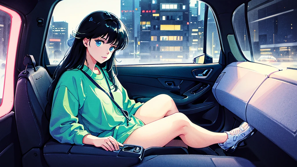 Create an image from the angle inside a car, showing a woman with a thoughtful expression on her face as she gazes out of the side window at the cityscape. The city outside should be visible, illuminated by streetlights and neon signs. Use soft, pastel colors and subtle gradients to capture a dreamy, reflective atmosphere. Ensure the interior of the car feels cozy and comfortable, adding to the overall serene vibe.窓の外を見ている。

