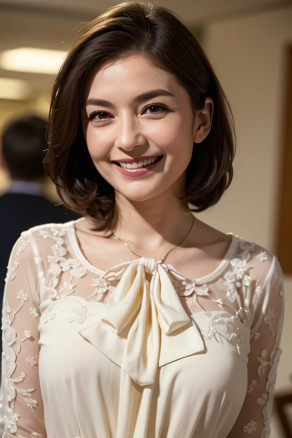 ((masterpiece)), ((Highest quality)), ((Complex)), ((Surreal)), (Realistic), (Mature Woman), ((There are no classes)), Very detailed, (1 female), Beautiful and exquisite, (Beautiful Teeth), Grin, Brunette Bob Hair, Brown eyes, ((blouse)), (Upper Body), (background:none), Perfect Eyes, Captivating eyes, Looking at the audience
