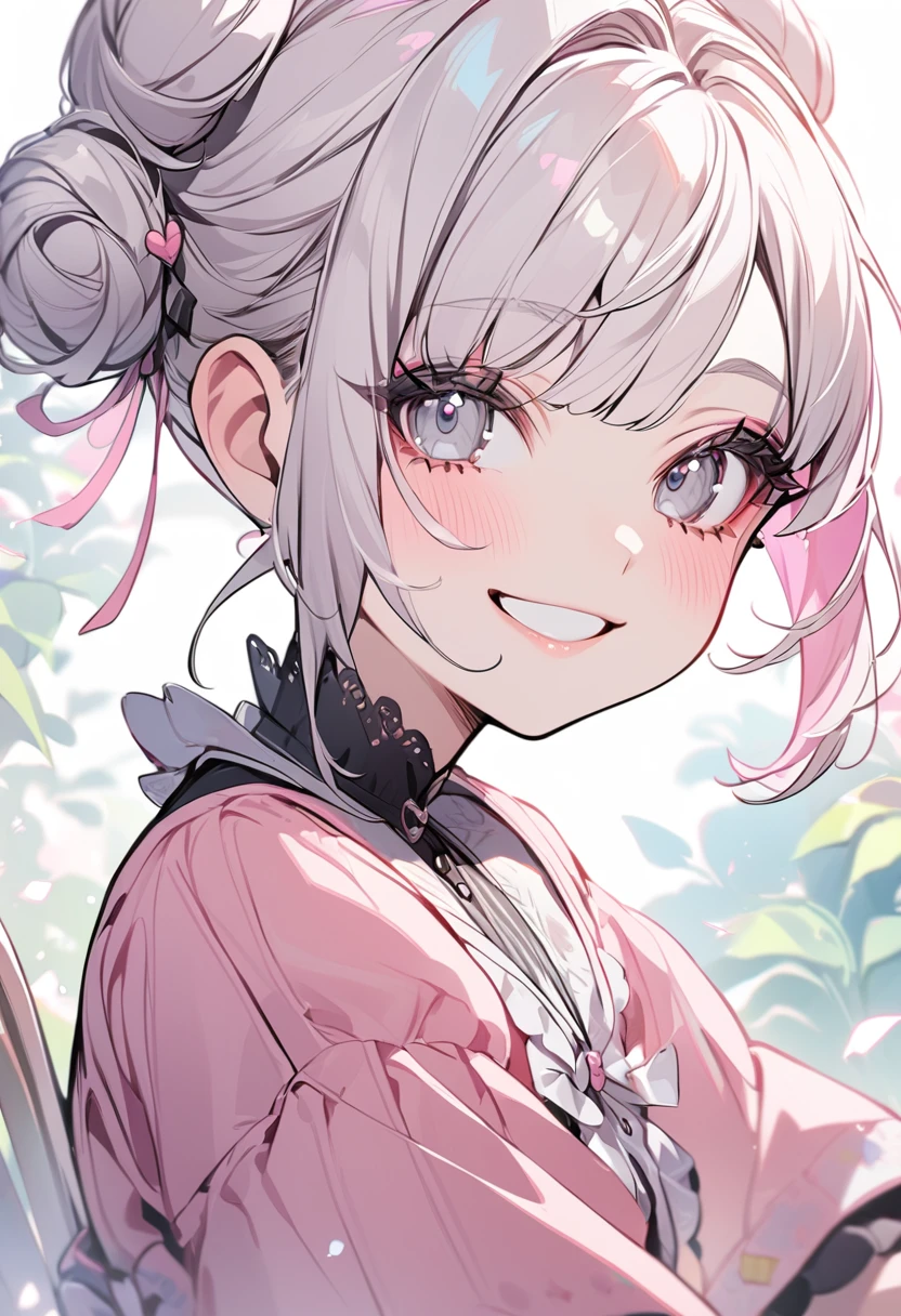 A girl,Short pink and white hair,Bun face,round eye,Gray Eyes,Thick eyelashes,Smile sweetly,Pink skirt