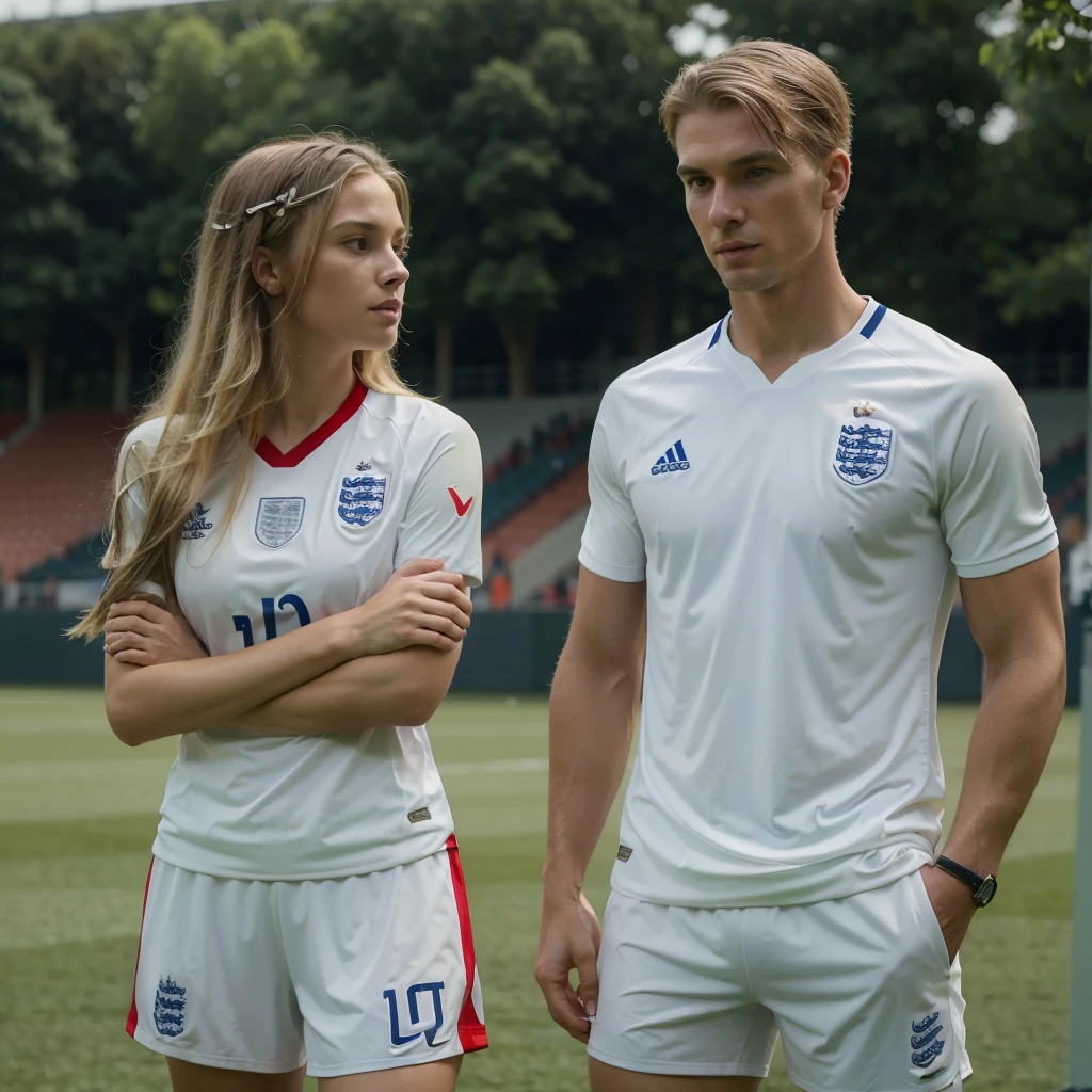 ((best quality)), ((masterpiece)), (detailed), ((couple)) , 1woman, very long blonde hair, England soccer jersey , 1man, tall man, muscular, handsome, dark, ((short hair)) , wearing England soccer jersey, soccer game, Stadion, summer time